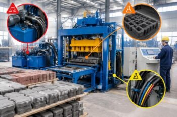 Diagram showing high-risk chemical components in a paver block machine including hydraulic systems rubber molds and cable insulation