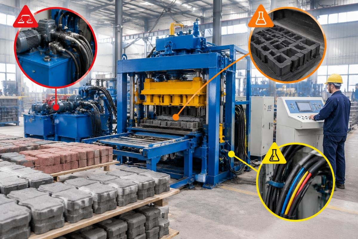Diagram showing high-risk chemical components in a paver block machine including hydraulic systems rubber molds and cable insulation