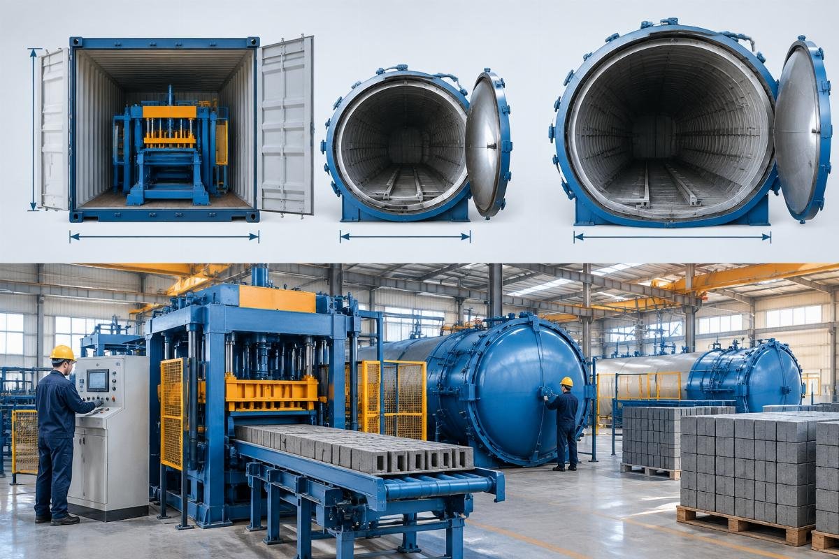 Diagram showing the cross-section of a 40HQ container versus the diameter of standard and large autoclaves to illustrate clearance issues