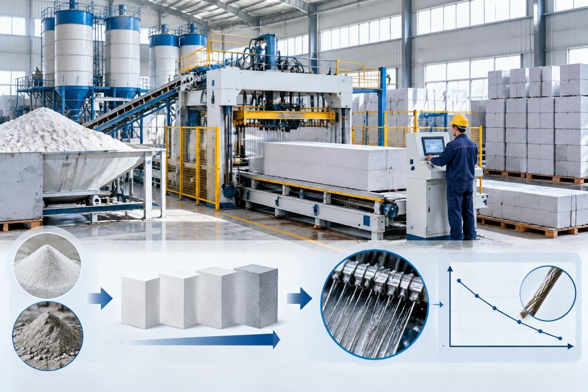 Diagram showing the relationship between raw material silica content and cutting wire durability in a QT9-18 AAC block production line