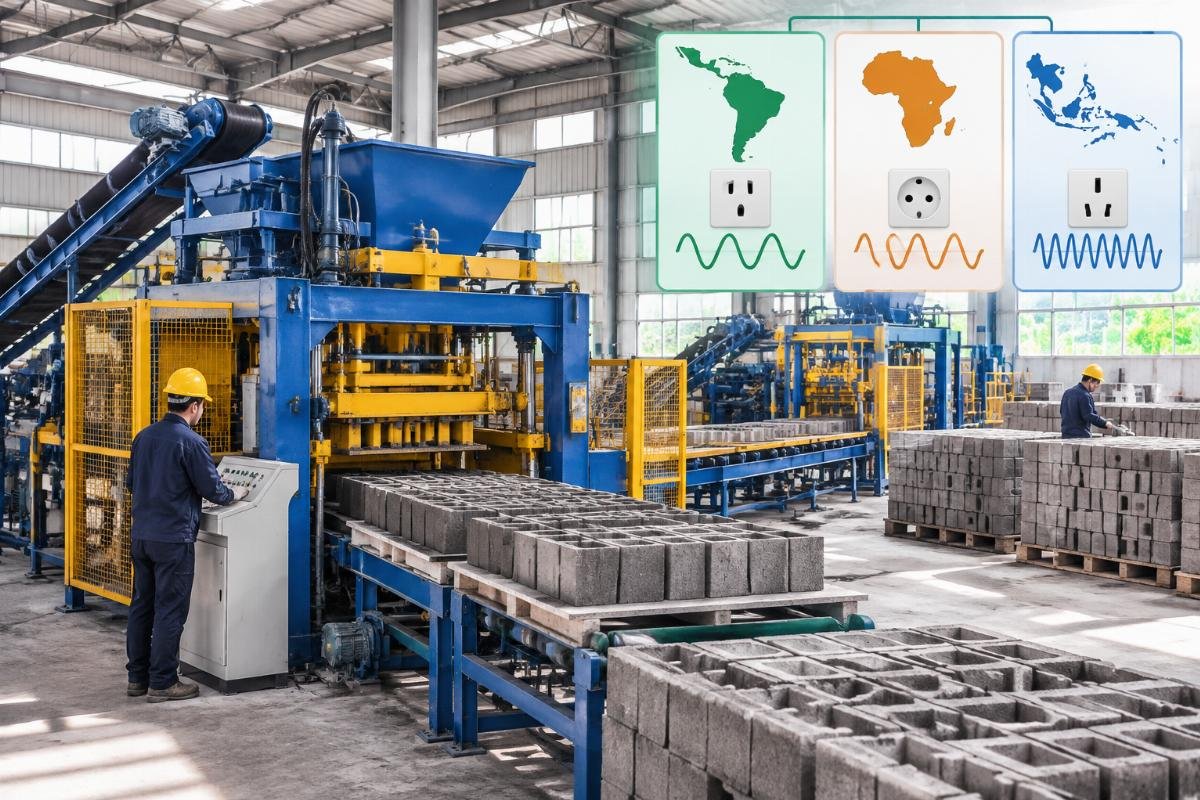 Diagram showing voltage and frequency differences between major export markets including Latin America, Africa, and Southeast Asia