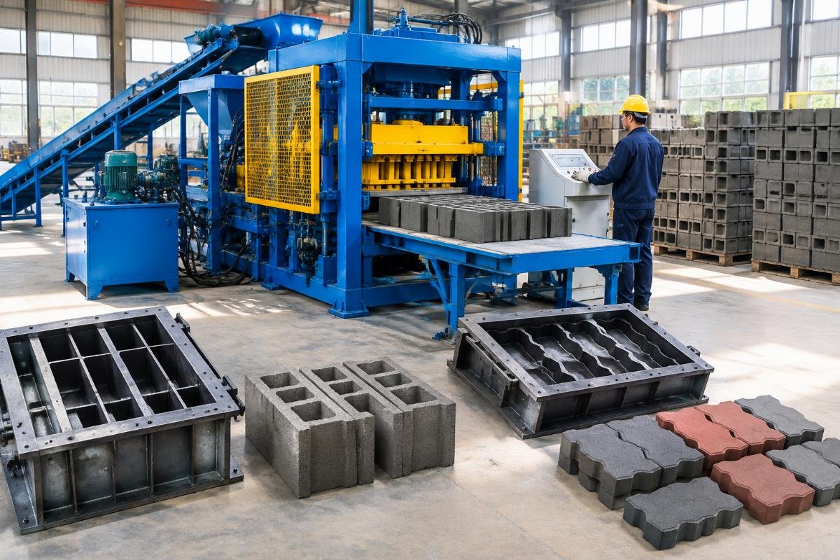 Display of different mold types for the QMY6-25 including hollow block and interlocking paver molds