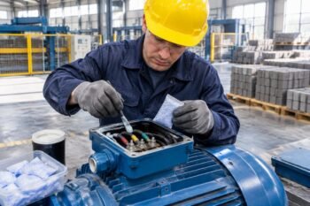 Electrician applying dielectric grease and placing desiccant bags inside a motor junction box