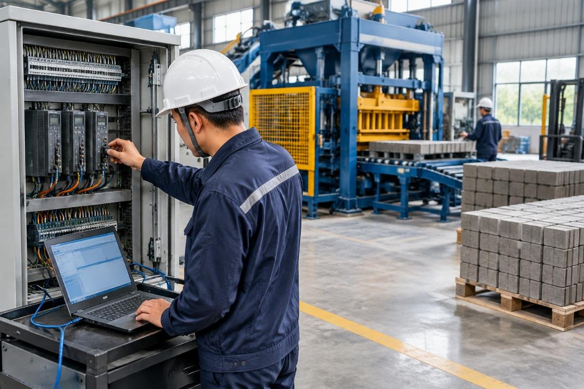 Engineer adjusting servo parameters on a control panel with a laptop connected to the cuber PLC