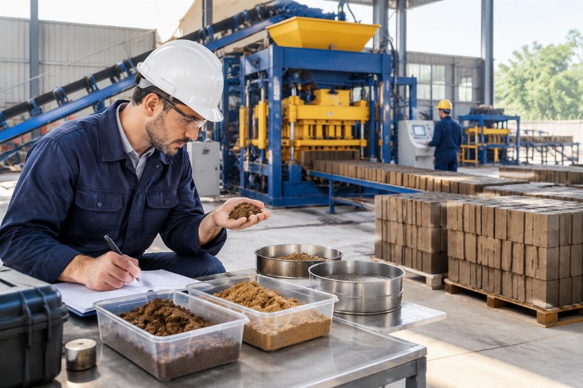 Engineer analyzing soil samples to determine optimal settings for CEB machine