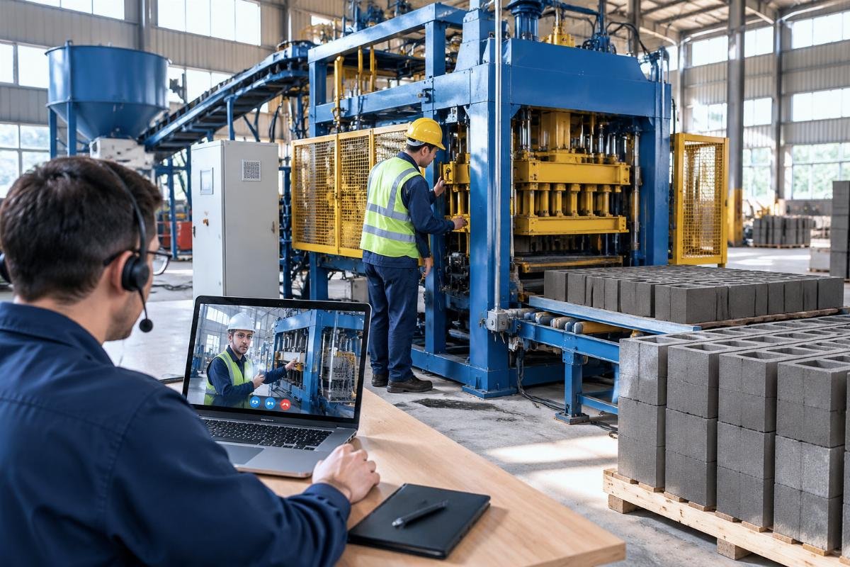 Engineer providing remote support via video call while local technician inspects the machine