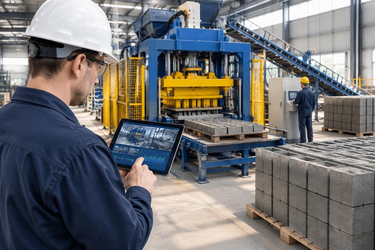 Engineer reviewing remote diagnostic data on a tablet while monitoring a block making machine