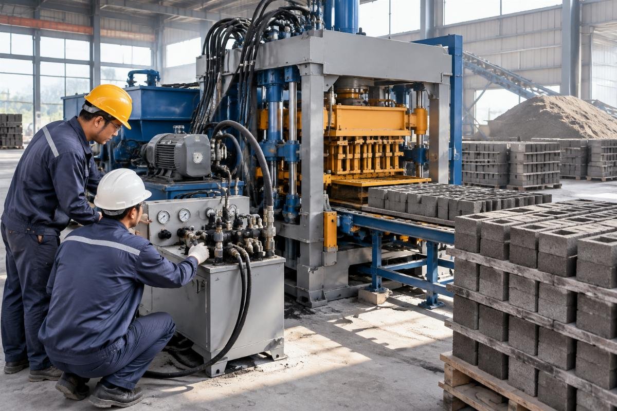Engineers adjusting hydraulic pressure settings on a QT series block making machine for fly ash mixture optimization