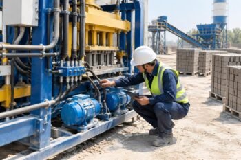 Field engineer inspecting hydraulic hoses and vibration motors on a QT6-15 paver block machine in a dusty outdoor plant