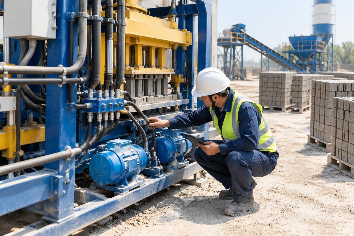 Field engineer inspecting hydraulic hoses and vibration motors on a QT6-15 paver block machine in a dusty outdoor plant