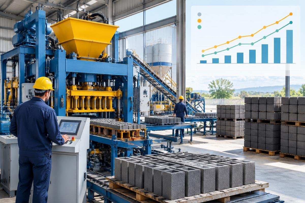 Graph showing relationship between cement ratio, production uptime, and ROI for block plants
