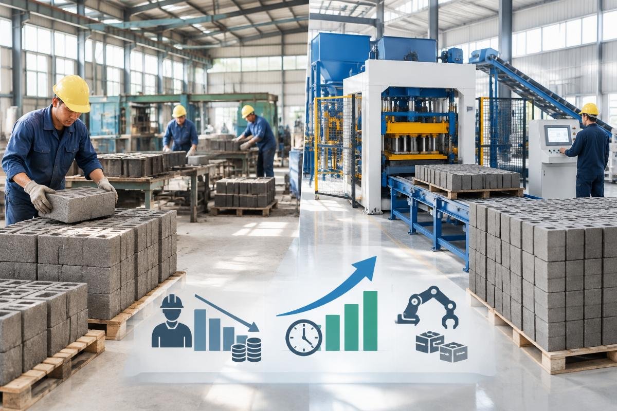 Graphical representation of labor cost reduction and ROI timeline for automated vs manual block production