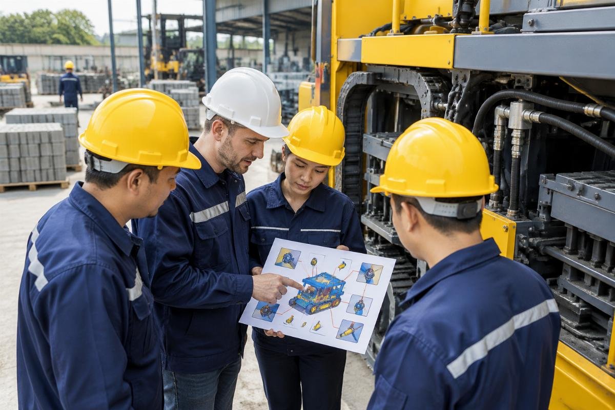 Group of operators reviewing pictorial maintenance checklist with colorful diagrams of lubrication points on a paver machine