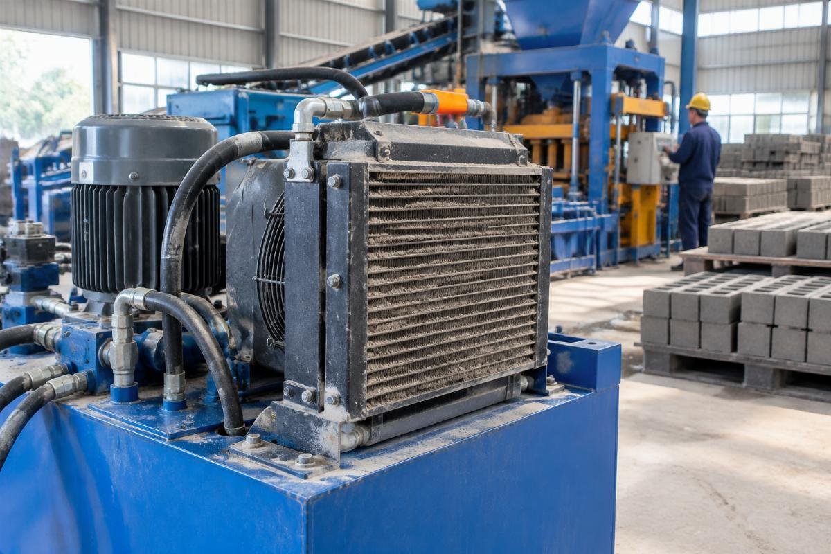 Hydraulic power pack of a mobile block machine with visible dust accumulation on cooler fins