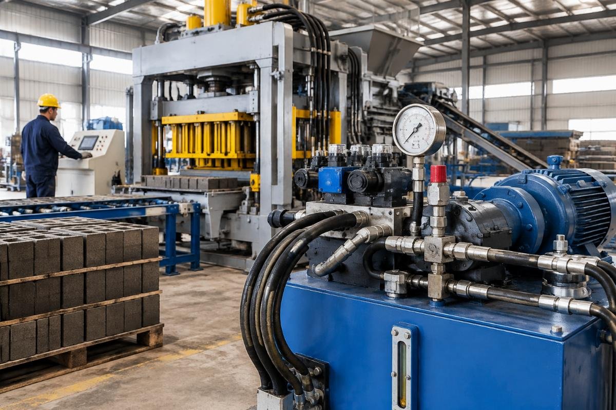 Hydraulic system components and pressure gauge on a Compressed Earth Block Machine Technical Specification