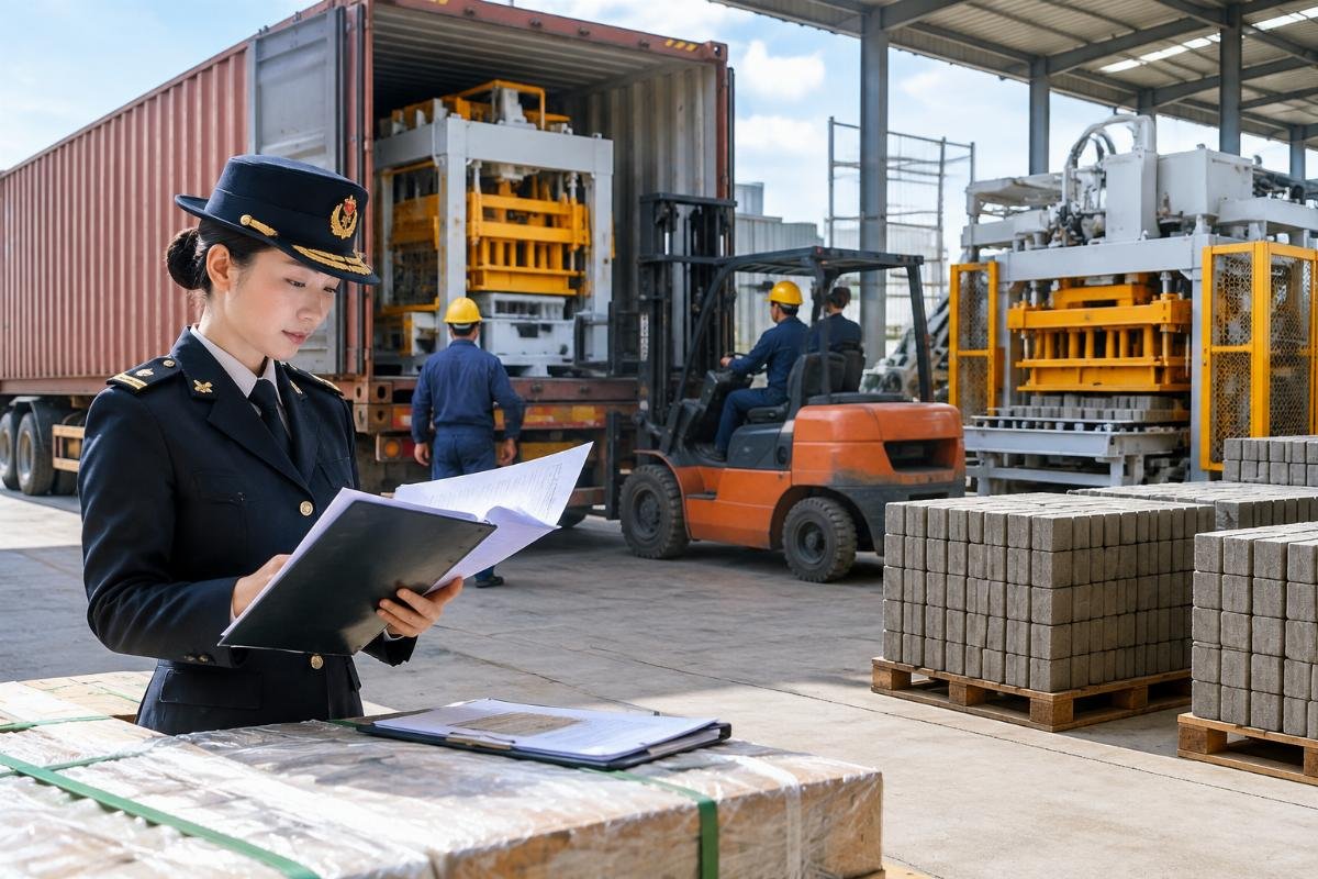 Illustration of a customs officer reviewing documentation for imported machinery
