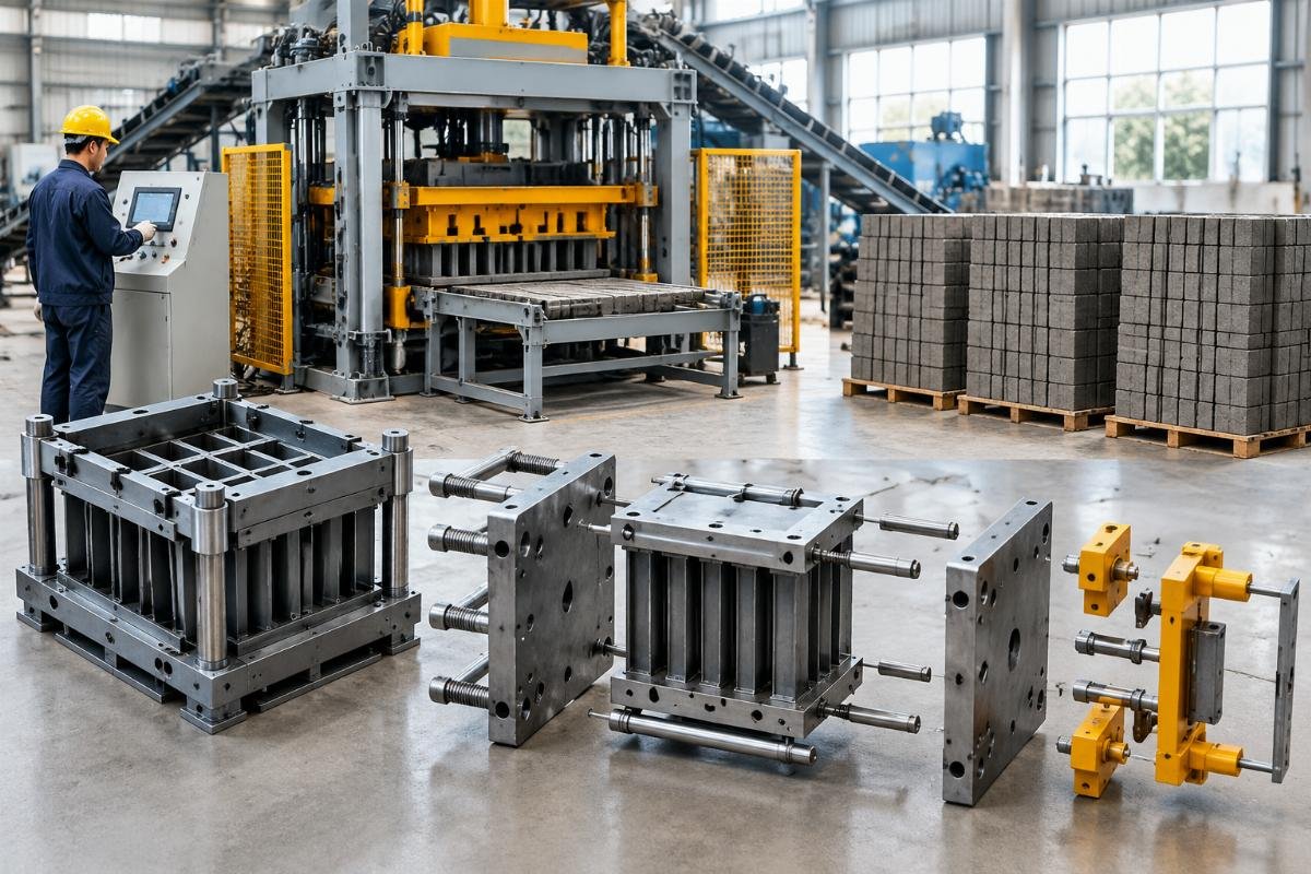 Illustration of a modular mold assembly with exploded views of core rods, face plates, and locking mechanisms