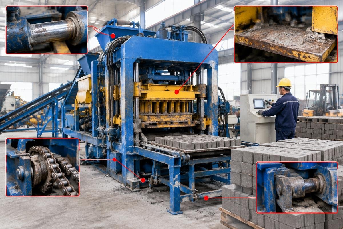 Illustration of common wear points and maintenance challenges in older block making machines