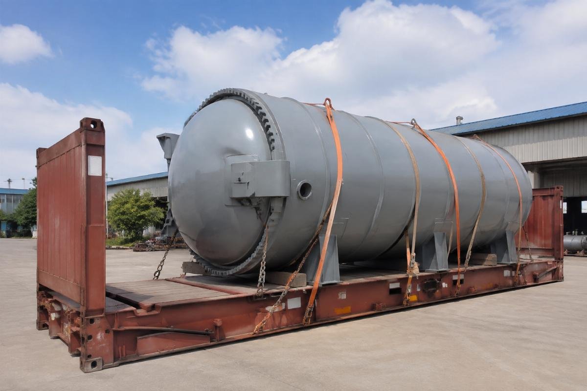 Image of a large diameter autoclave secured on a flat rack container ready for shipping