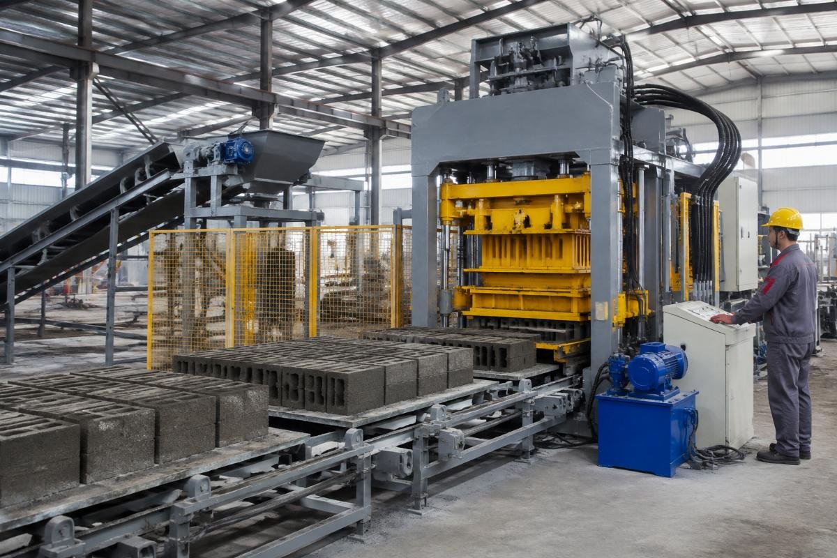 Image of a modern PLC-controlled block making line in operation, showing automated feeding and pressing mechanisms