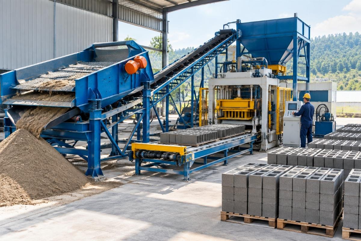 Industrial sand screening equipment connected to a concrete block production line