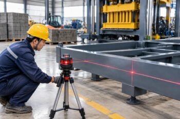 Industrial technician using a digital laser level to check the horizontal alignment of a concrete block machine base frame