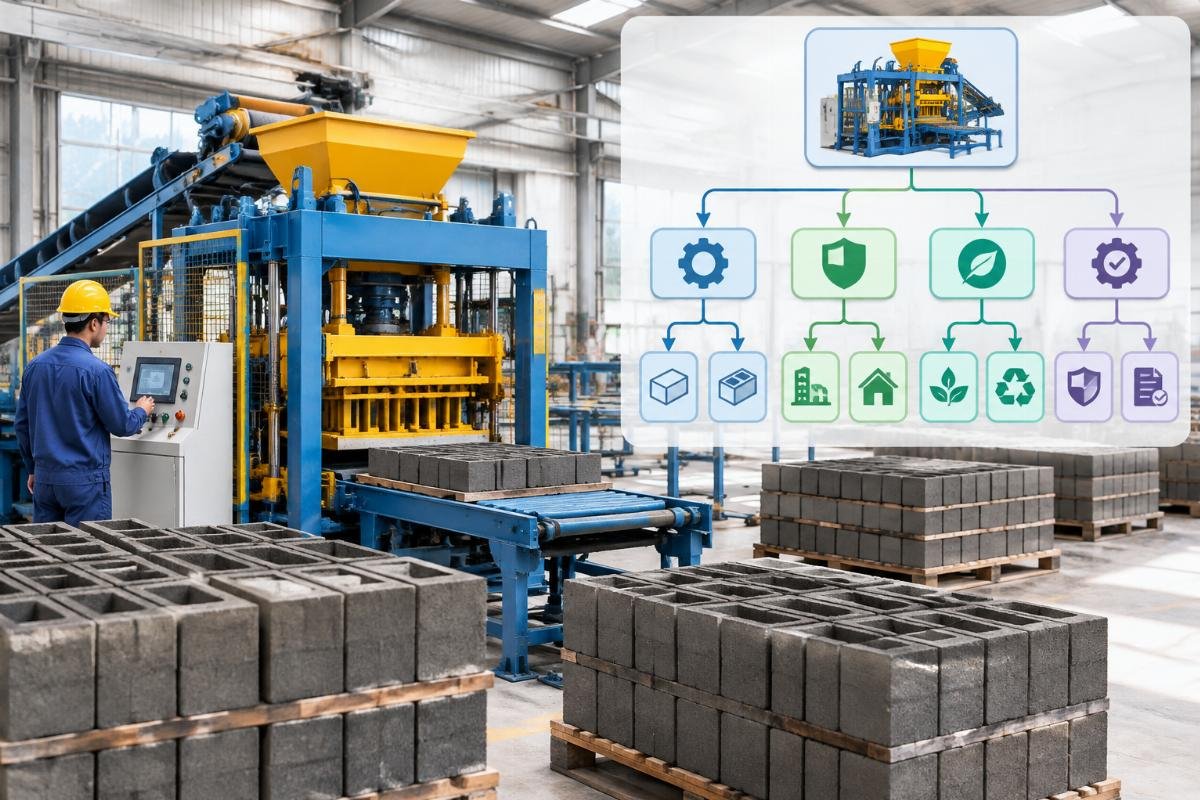 Infographic illustrating the decision tree for determining which TR CU regulations apply to concrete block making equipment
