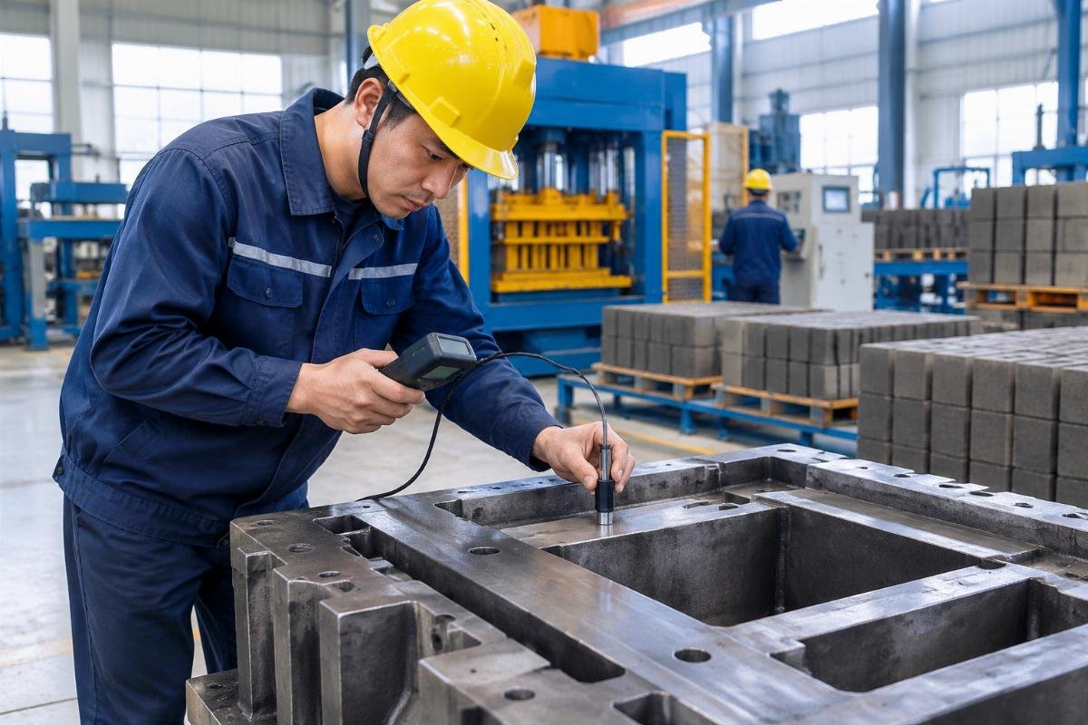 Inspector using a portable hardness tester on a mold core surface in a factory setting