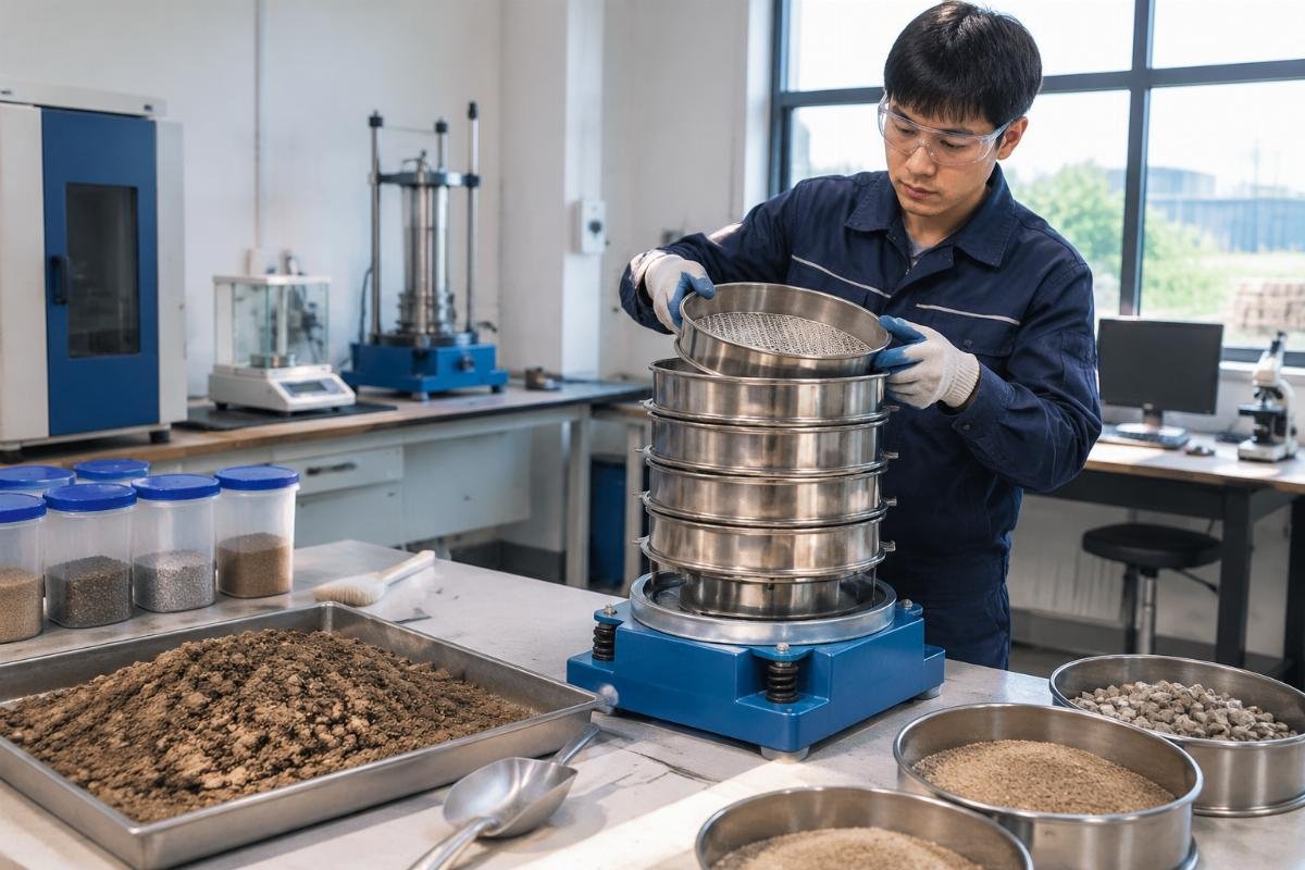 Laboratory setup showing soil sieves and testing equipment for determining granulometry