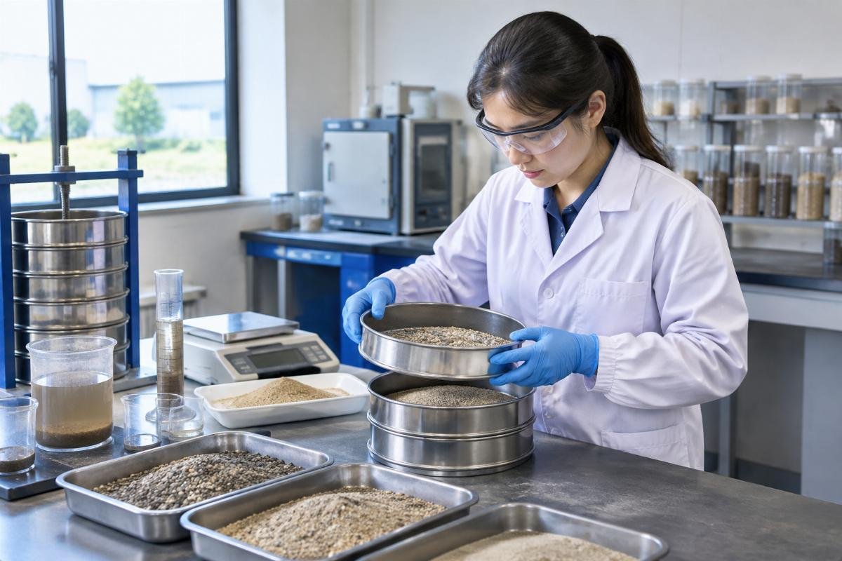 Laboratory technician testing sand samples for clay content and gradation analysis