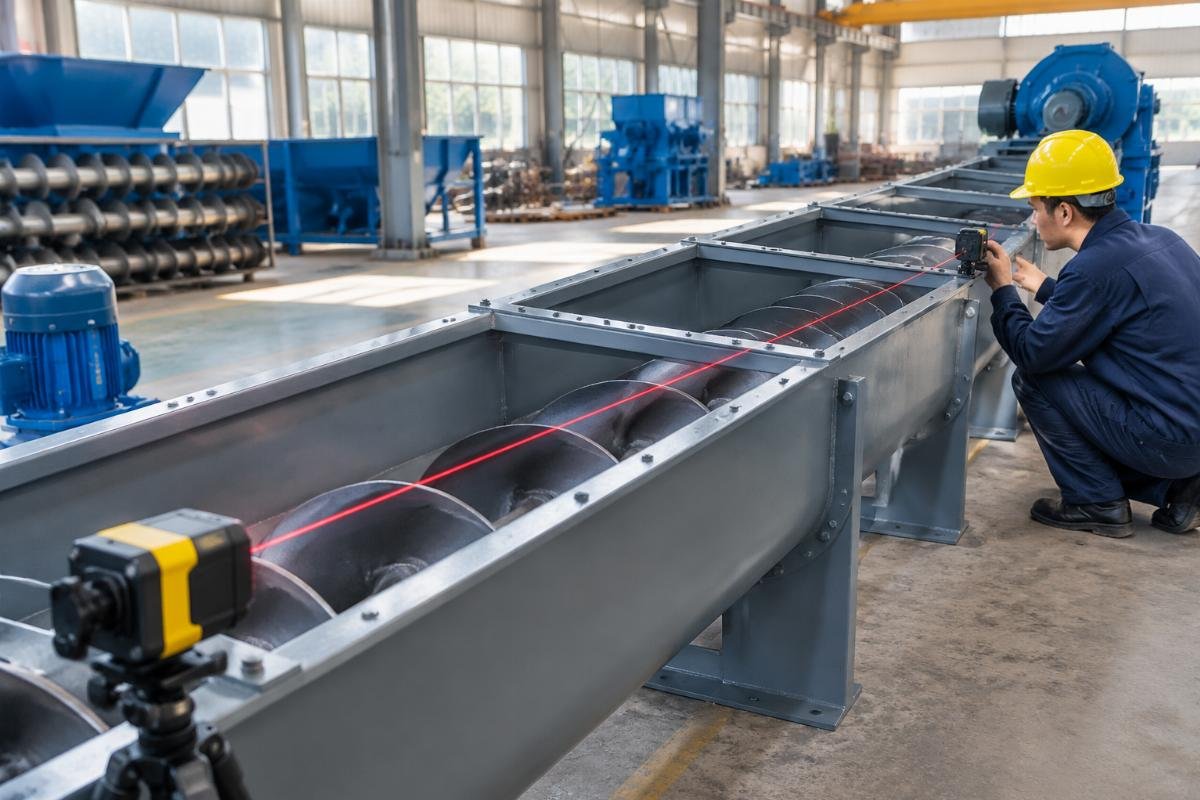 Laser alignment tool being used to check trough straightness in a multi-section screw conveyor