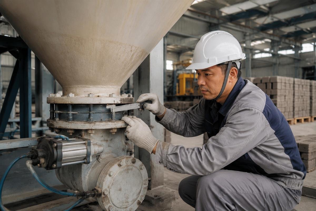 Maintenance technician inspecting silo discharge valve clearance with measurement tools