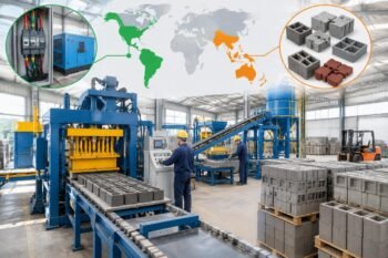 Map highlighting key regional requirements for block machines, including voltage types in Latin America and mold preferences in Southeast Asia