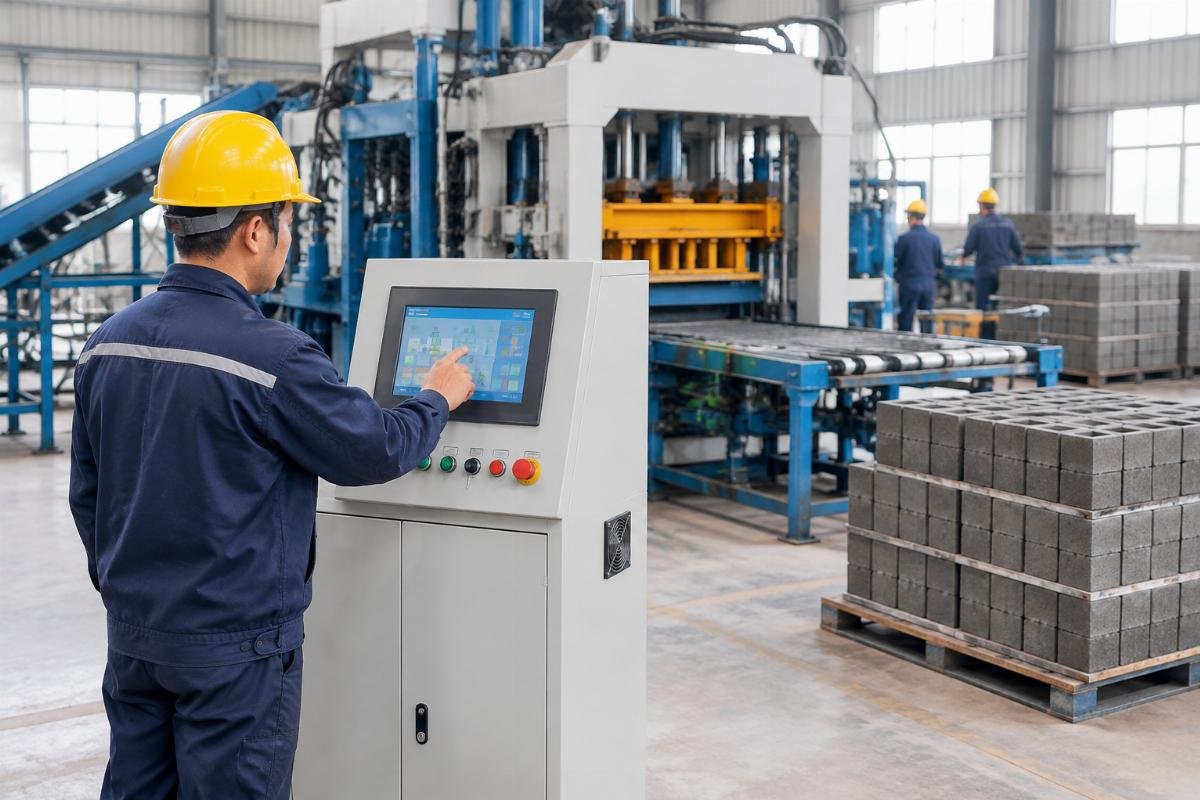 Operator adjusting PLC control settings on a QT series block machine touchscreen interface