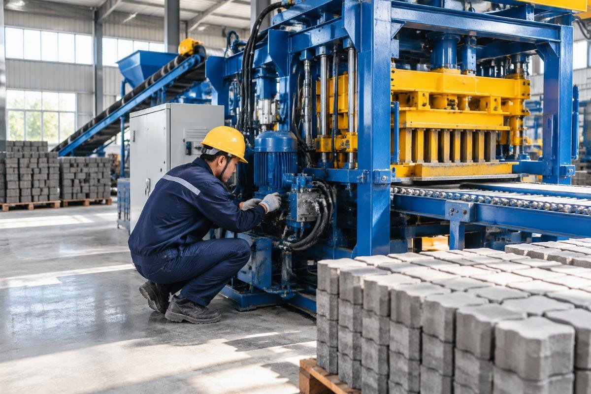 Operator performing daily maintenance checks on interlocking paver machine
