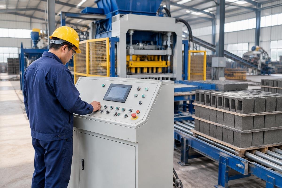 Operator performing pre-start inspection on a concrete block machine control panel