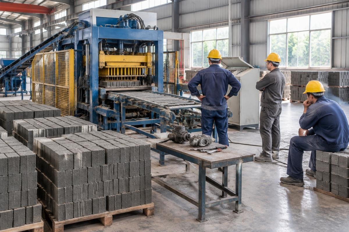 Photo of a blocked production line with workers waiting for repairs due to missing spare parts