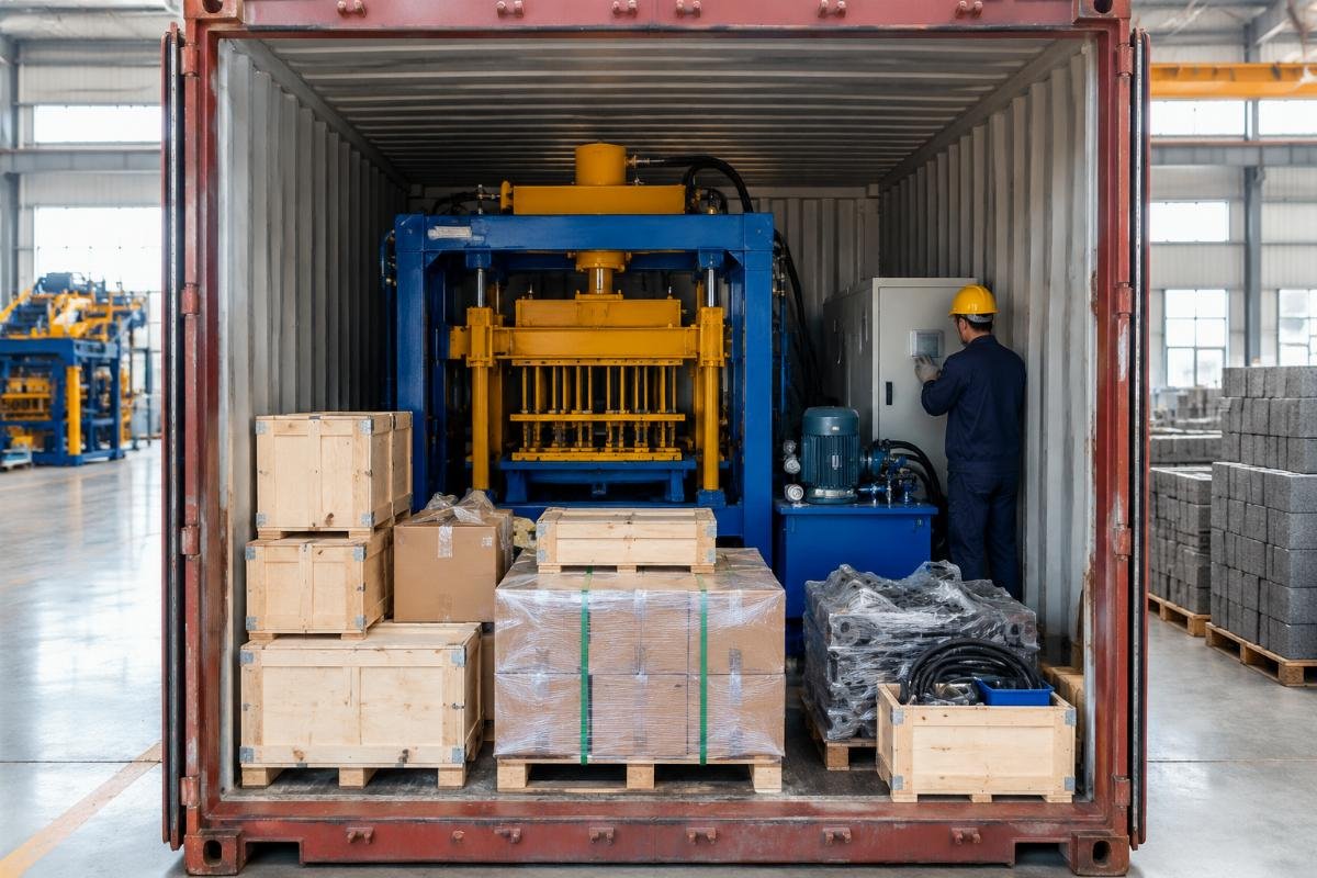 Photo of a consolidated shipping container showing the main machine surrounded by boxed spare parts kits ready for dispatch