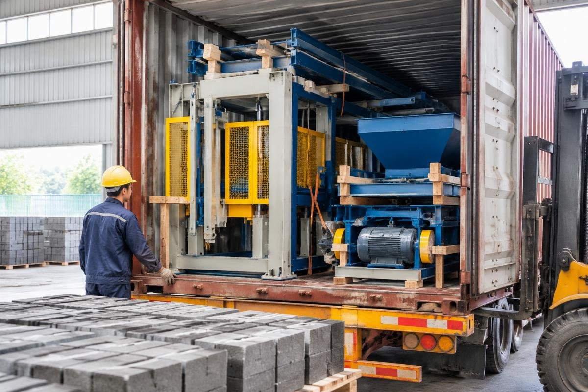 Photo of a disassembled block cutting machine loaded into a 40HQ container with optimized stacking