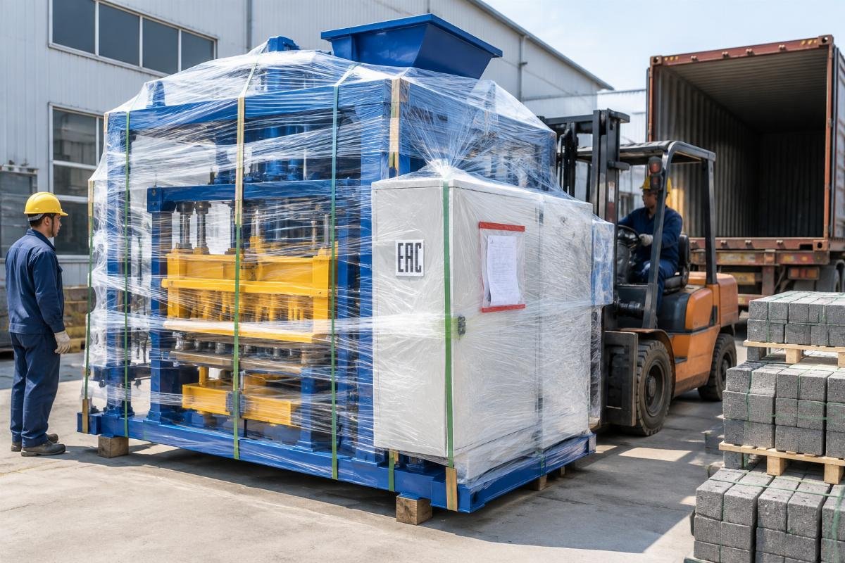 Photo of a fully packaged brick machine ready for shipping, with visible EAC marks and attached Russian documentation pouch