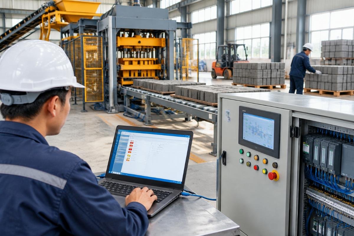 Remote diagnostic session showing PLC error codes on a laptop connected to a QT6-15 control panel