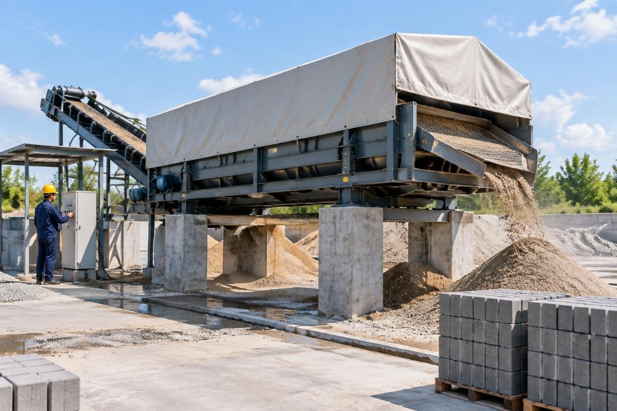 Sand screening machine elevated on concrete blocks with a breathable canvas cover in a well-drained outdoor area