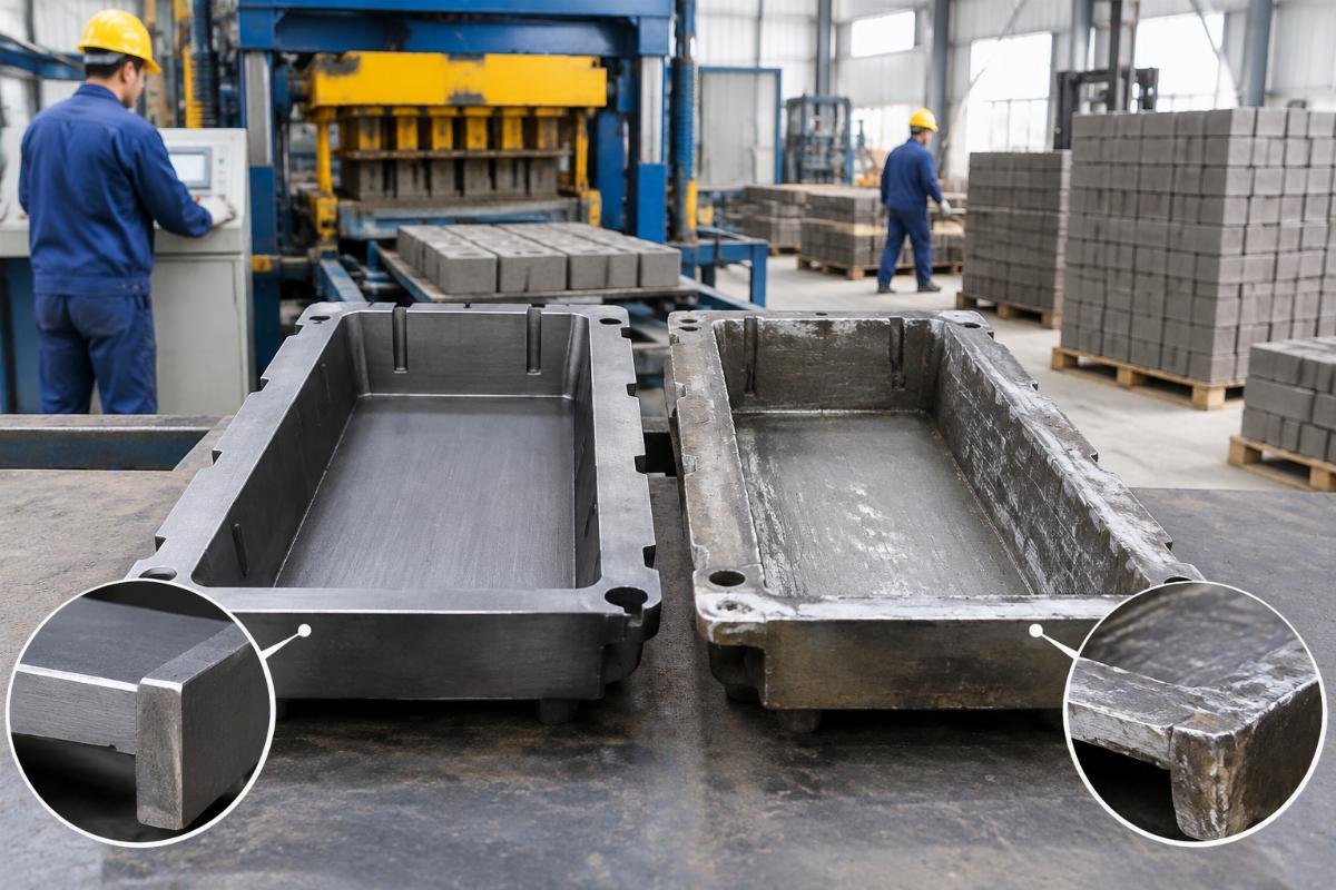 Side-by-side comparison of a new mold liner and a worn liner showing thickness difference and surface wear