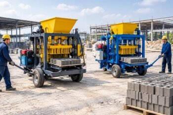 Side-by-side comparison of QMY6-25 and QMY10-15 egg-layer block machines on a construction site showing mobility features