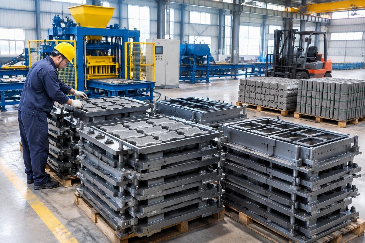 Stack of customized mold sets for interlocking pavers and hollow blocks ready for shipment