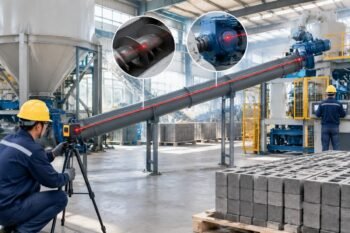 Technical diagram showing proper screw conveyor alignment standards for cement with laser measurement points