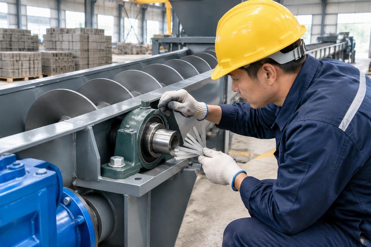Technician adjusting hanger bearing clearance with feeler gauges during screw conveyor installation