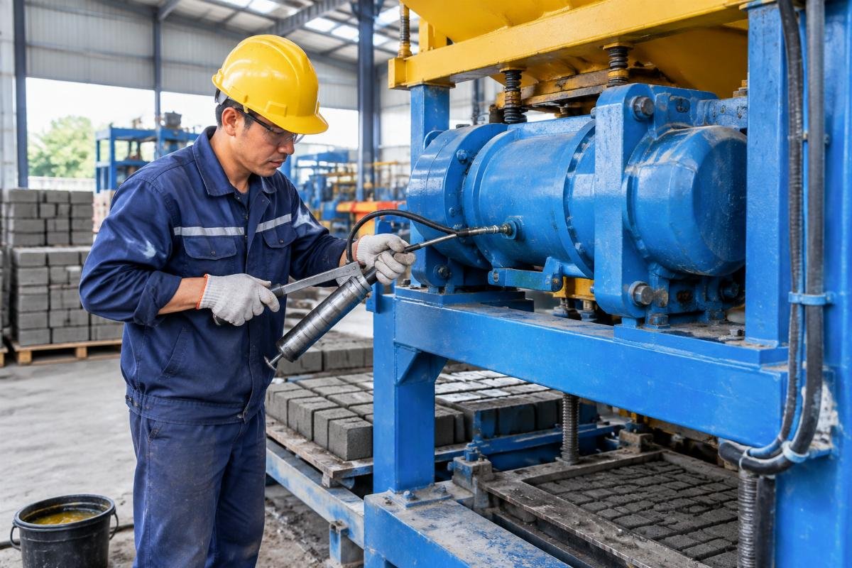 Technician applying grease to vibrator bearings on a concrete block machine using a manual grease gun