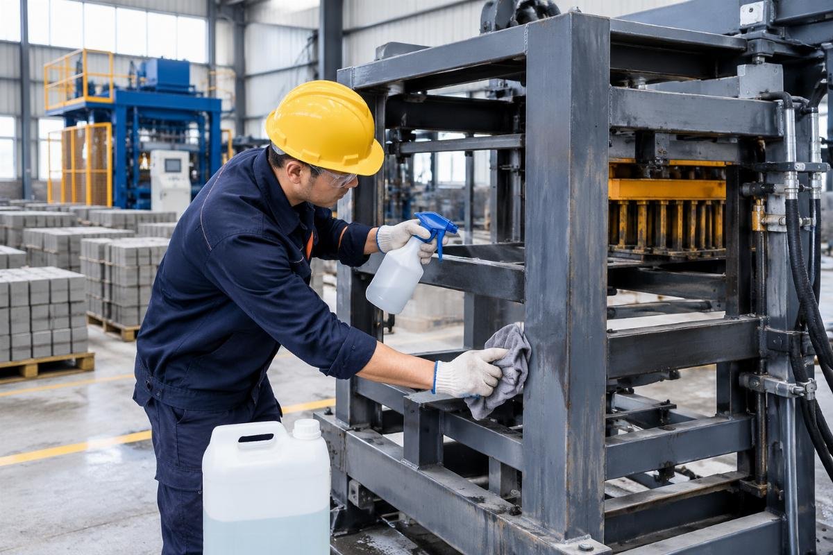 Technician applying neutralizing cleaner to block cuber frame