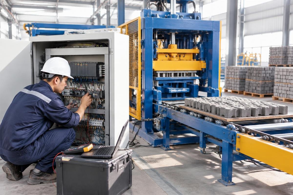 Technician calibrating PLC sensors during interlocking paver machine commissioning